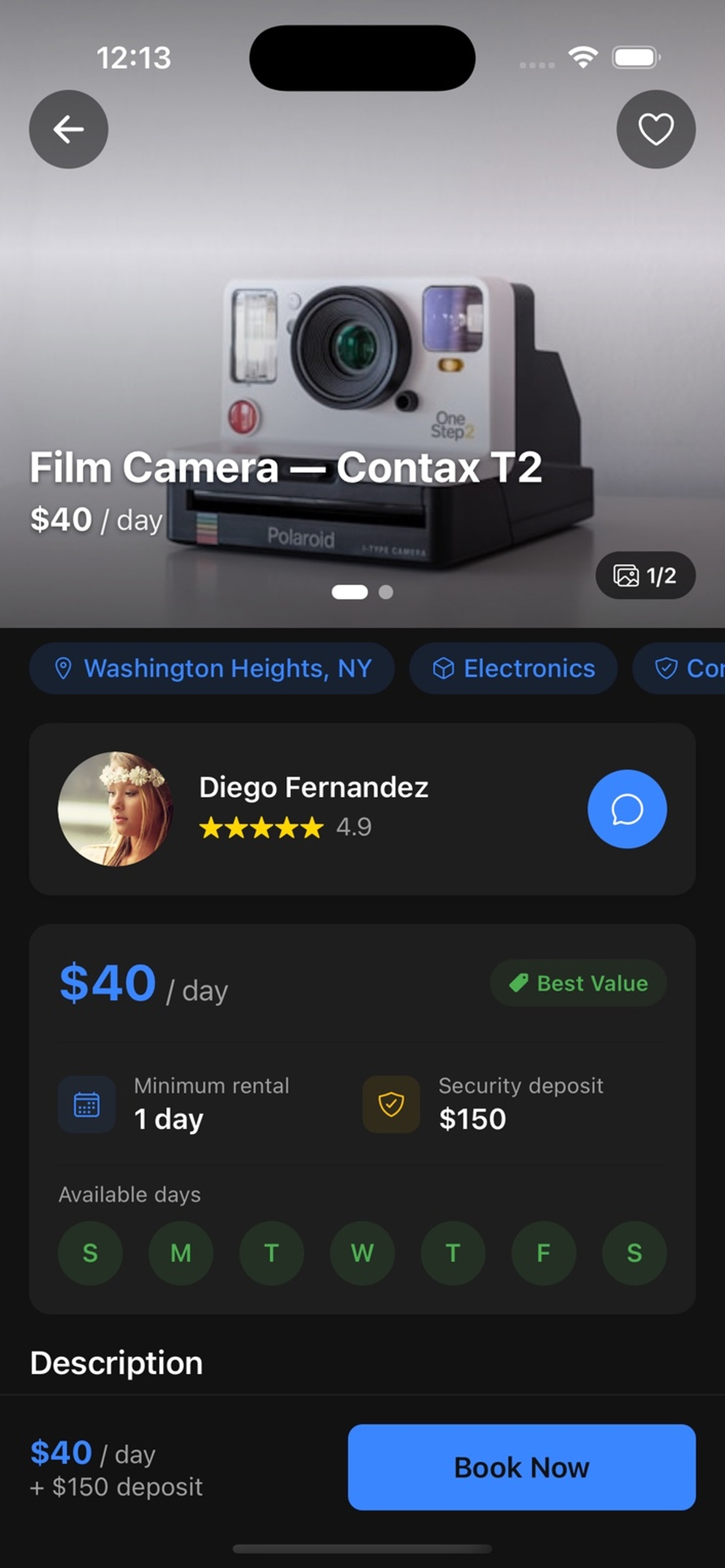 Item listing detail with pricing and booking